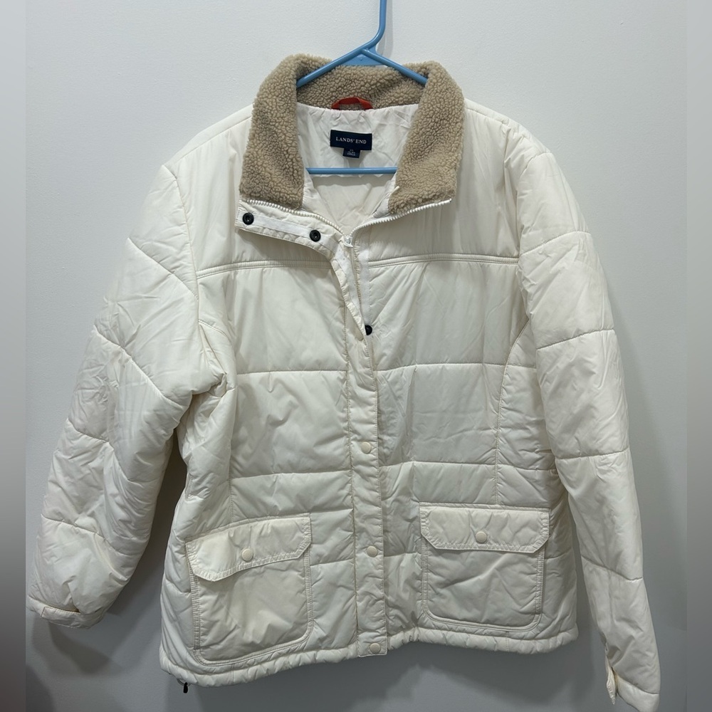 Land’s End Jacket XL 18-20 White Puffer‎ Fleece Collar Winter Full Zip